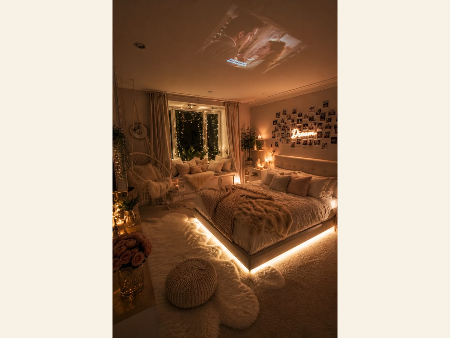 A cozy warm aesthetic bedroom glowing at night with a neon 'Dream' sign, a polaroid photo wall, fairy-lit windows, a hanging chair, under-bed LED glow, chunky knit textures and a plush rug.