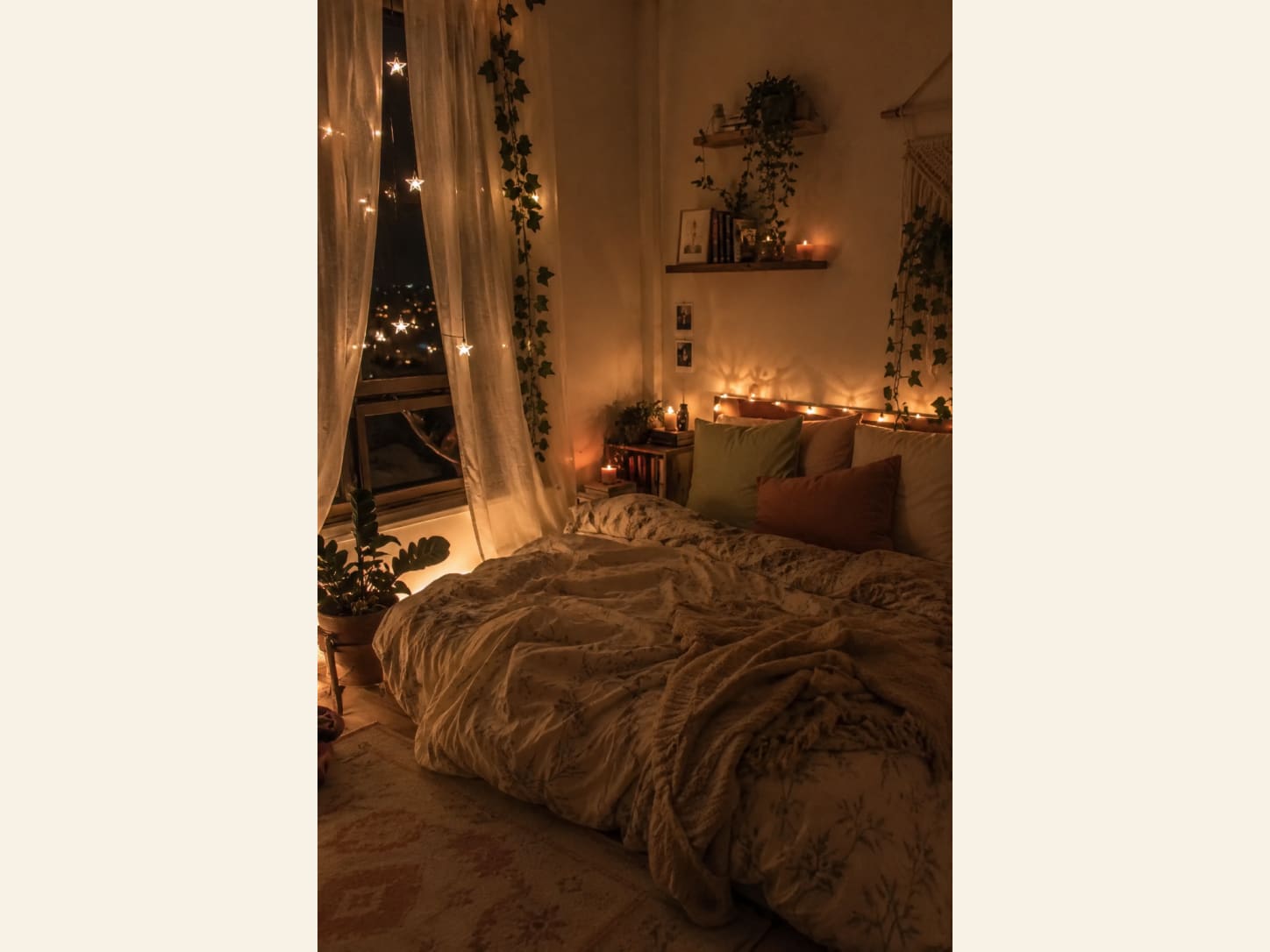 A Cozy Boho Bedroom with Star Lights and a City View A cozy boho bedroom at night with star string lights on sheer curtains, trailing ivy, a candle-lit floating shelf, warm fairy lights around the headboard, chunky cream bedding and a city night view.