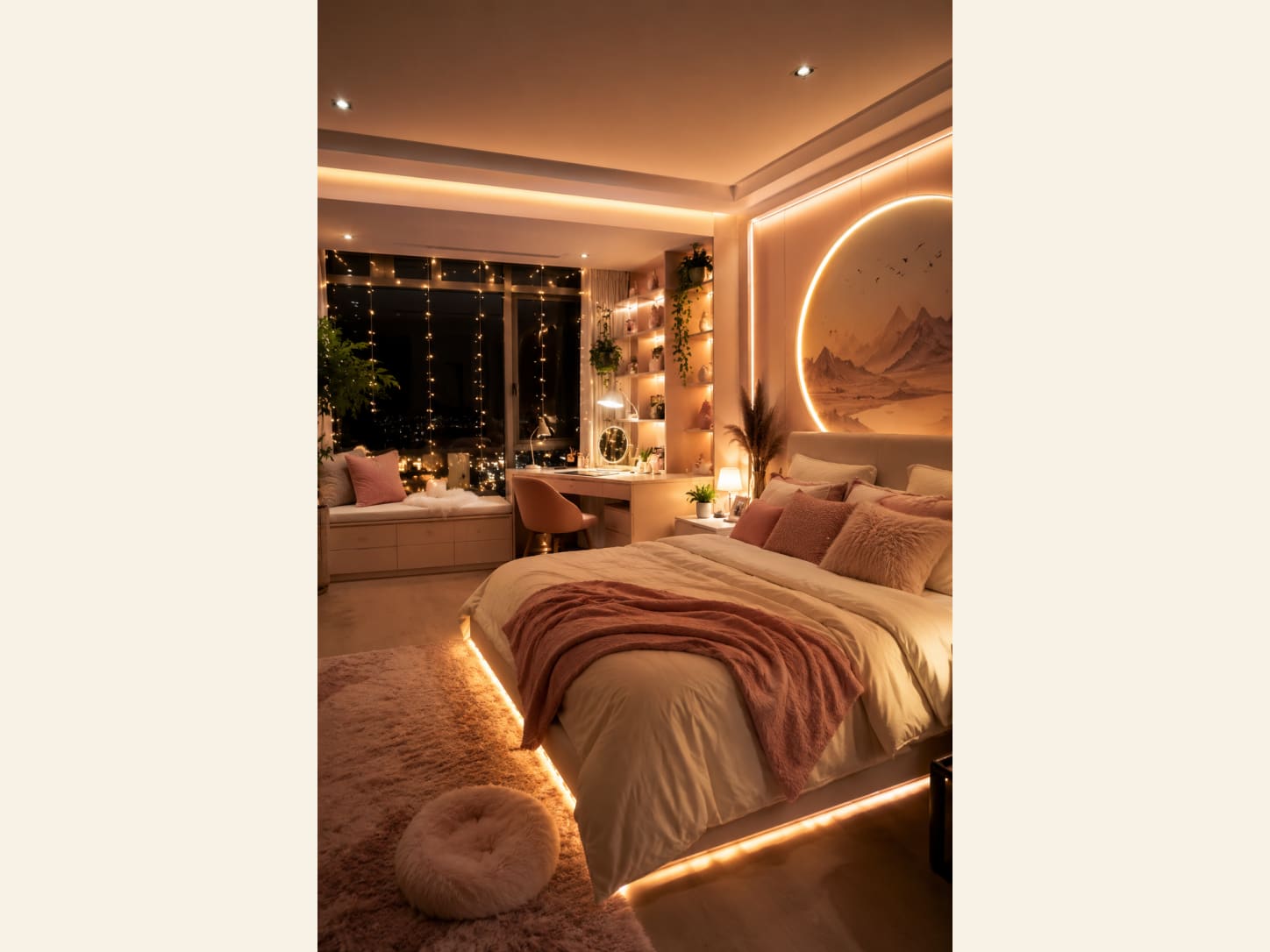 A warm pink aesthetic bedroom with a backlit circular mountain mural, blush-and-cream bedding, under-bed LED glow, a fairy-lit window seat, a lit vanity nook and a plush pink rug with a city night view.