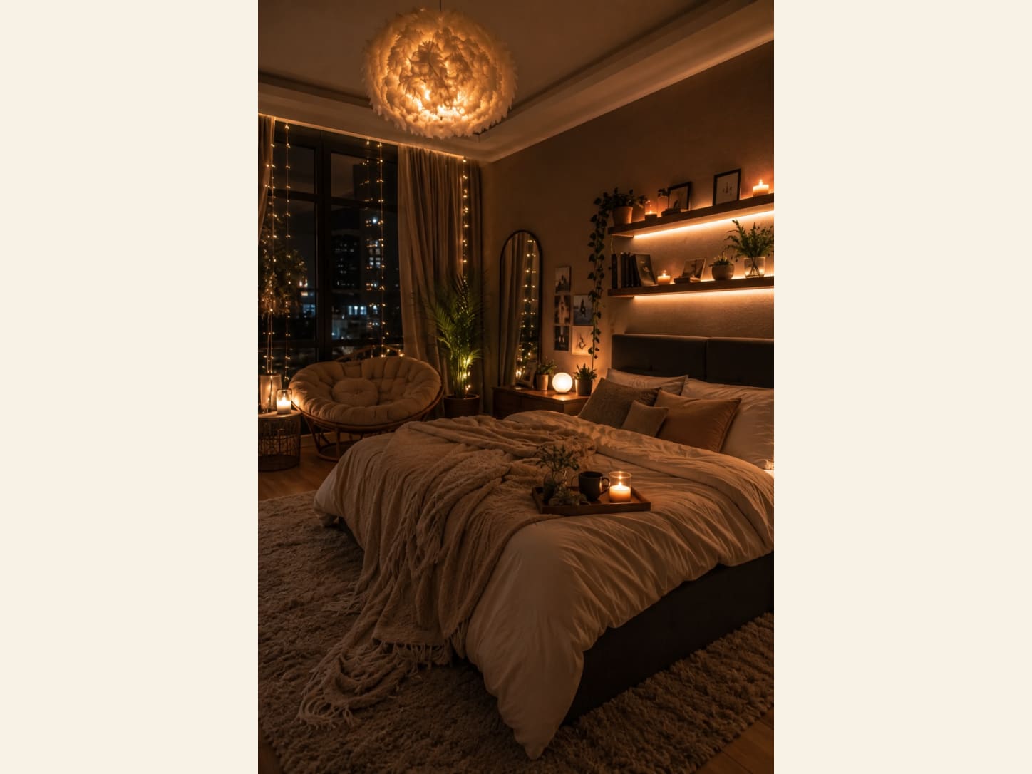 A Cozy Bedroom with a Feather Chandelier and Candles A cozy warm bedroom at night with a feather cloud chandelier, fairy-lit windows, a papasan chair, backlit shelves of candles and plants, a full-length mirror, chunky cream bedding and a city night view.