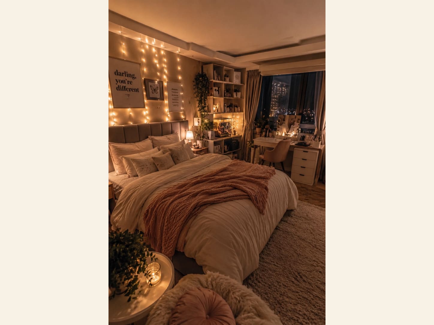 A cozy aesthetic bedroom with a fairy-light curtain behind the bed, framed quote art, open shelving, a lit vanity desk, a rust chunky throw, cream bedding, plants and a sparkling city night view.