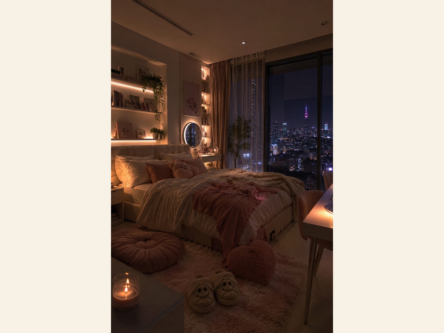 A cozy pink aesthetic bedroom at night with fairy lights, a round lit mirror, floating shelves, blush bedding and throws, knit pouffes, candles and a big window framing a sparkling city skyline.