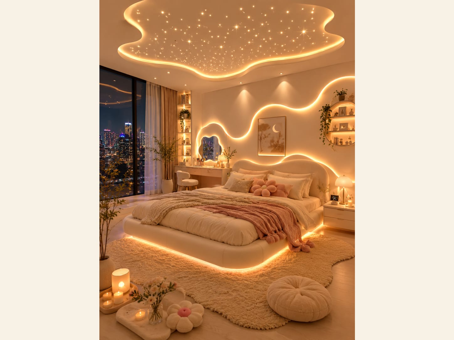 A Cozy Bedroom with a Wavy Backlit Ceiling A cozy warm bedroom with a wavy backlit ceiling and starry panel, glowing wall niches, a floating bed with under-bed LED, a cloud vanity mirror, blush bedding, plants and a sparkling city night view.