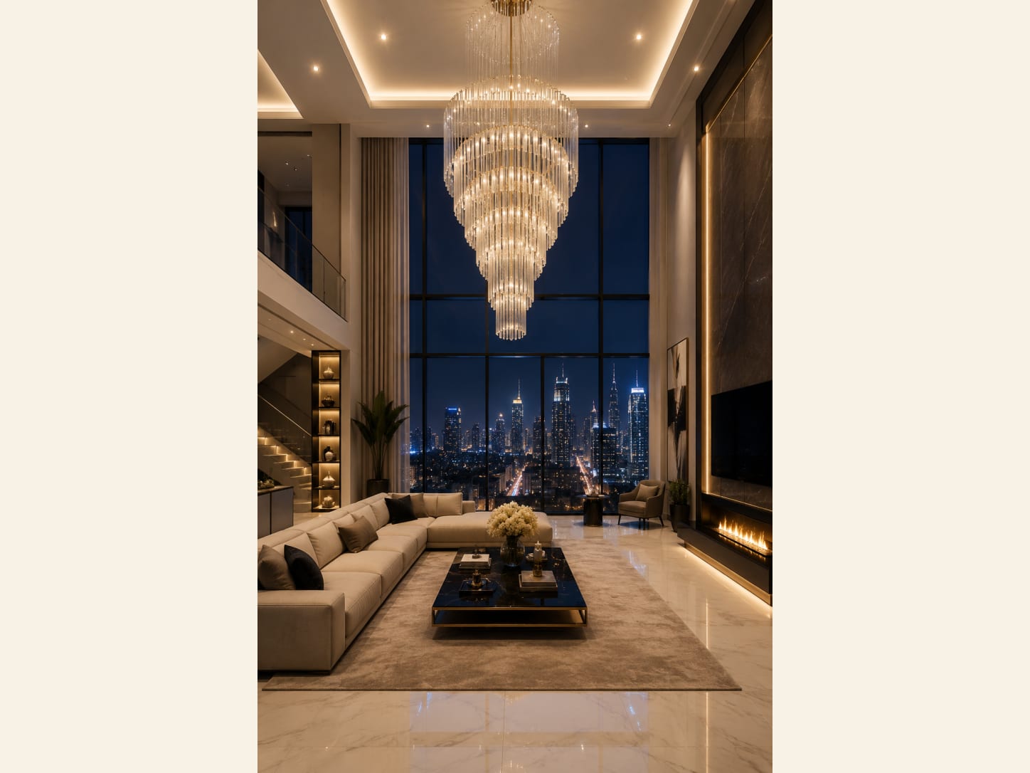 A Grand Double-Height Living Room with a Tiered Chandelier A grand double-height luxury living room with a huge tiered crystal chandelier, floor-to-ceiling skyline windows, a marble feature wall, a linear fireplace, a cream sectional and a marble floor.