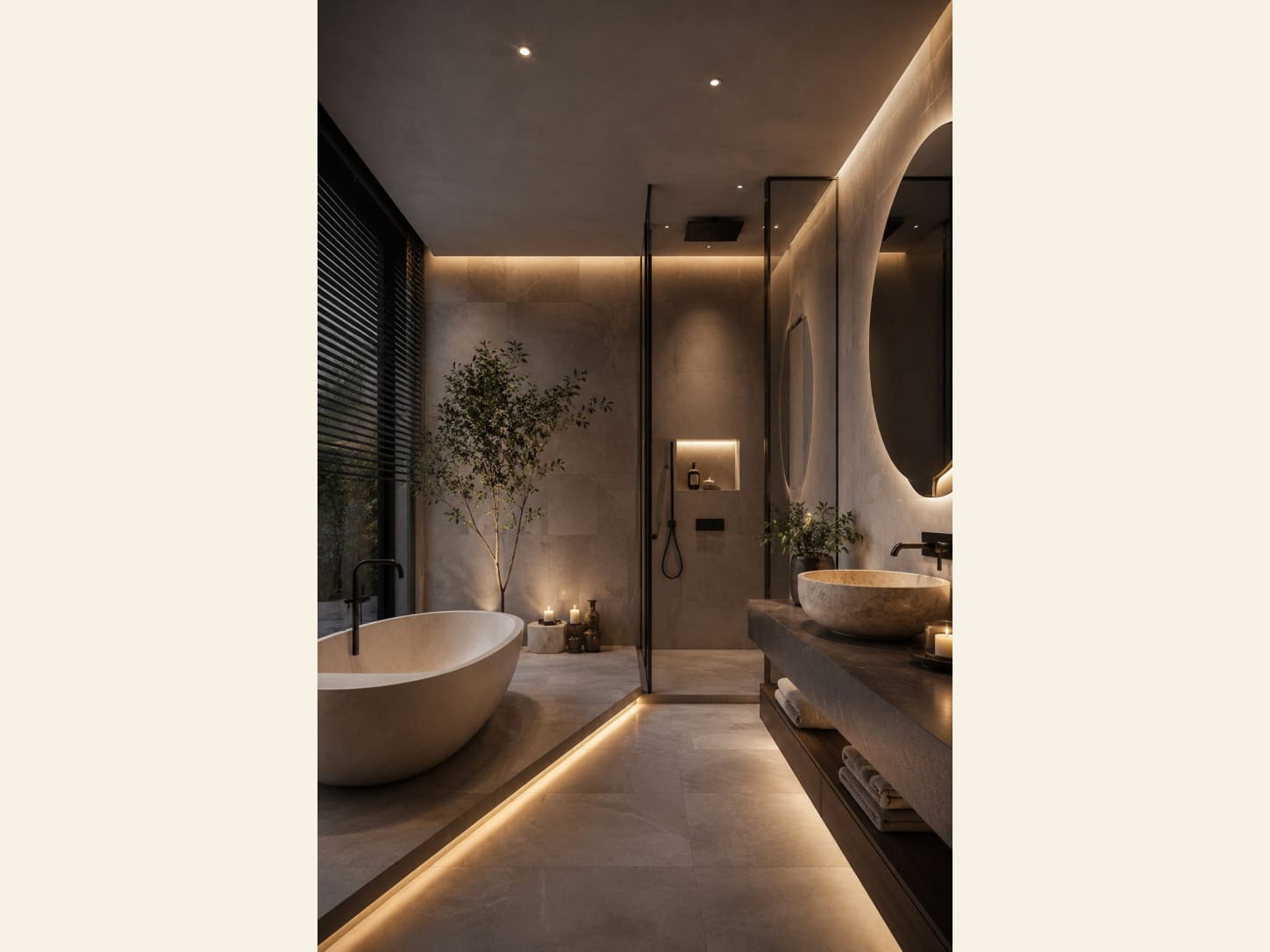 A warm luxury spa bathroom with a freestanding stone tub, a walk-in shower, a round backlit mirror, a stone vanity with a vessel sink, an olive tree, under-floor LED glow and earthy natural tones.