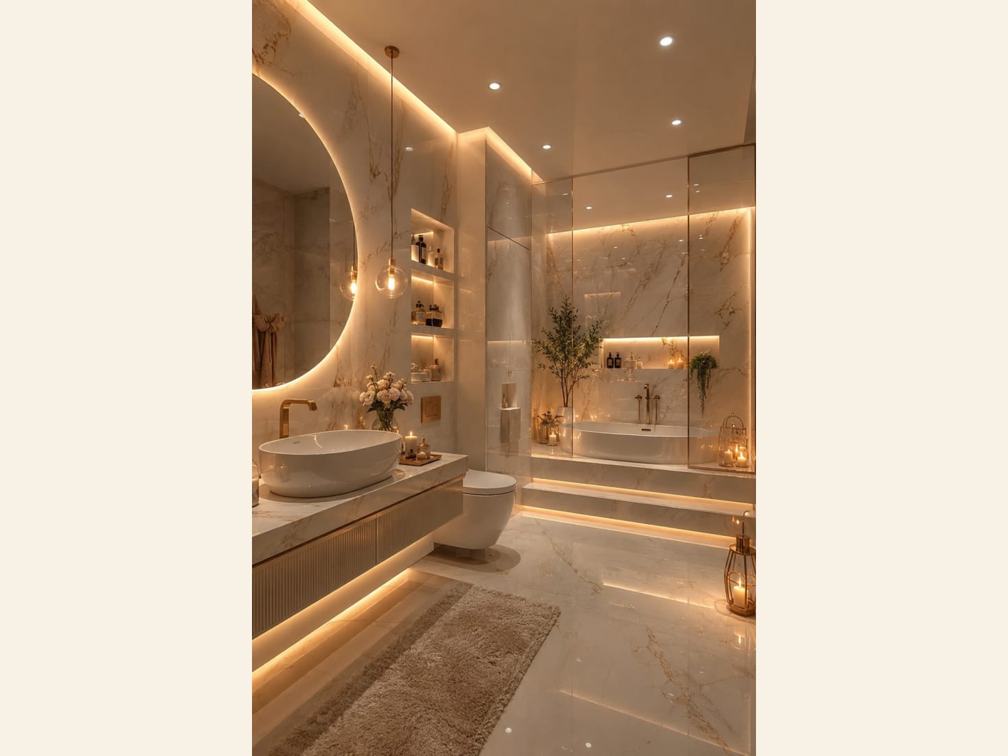 A Warm Marble Bathroom with a Round Backlit Mirror A warm luxury marble bathroom with a large round backlit mirror, gold accents, a vessel sink on a floating vanity with under-glow, lit niche shelves, a freestanding tub, candles and a soft golden glow.