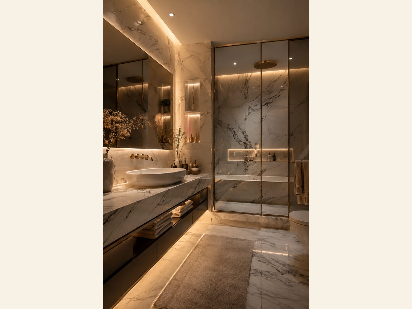 A Warm Marble Bathroom with a Gold and Glass Shower A warm, moody luxury marble bathroom with a large mirror, a single oval vessel sink on a dark floating vanity, a gold-framed glass walk-in shower, lit niche shelves, dried florals and soft amber lighting on veined marble.