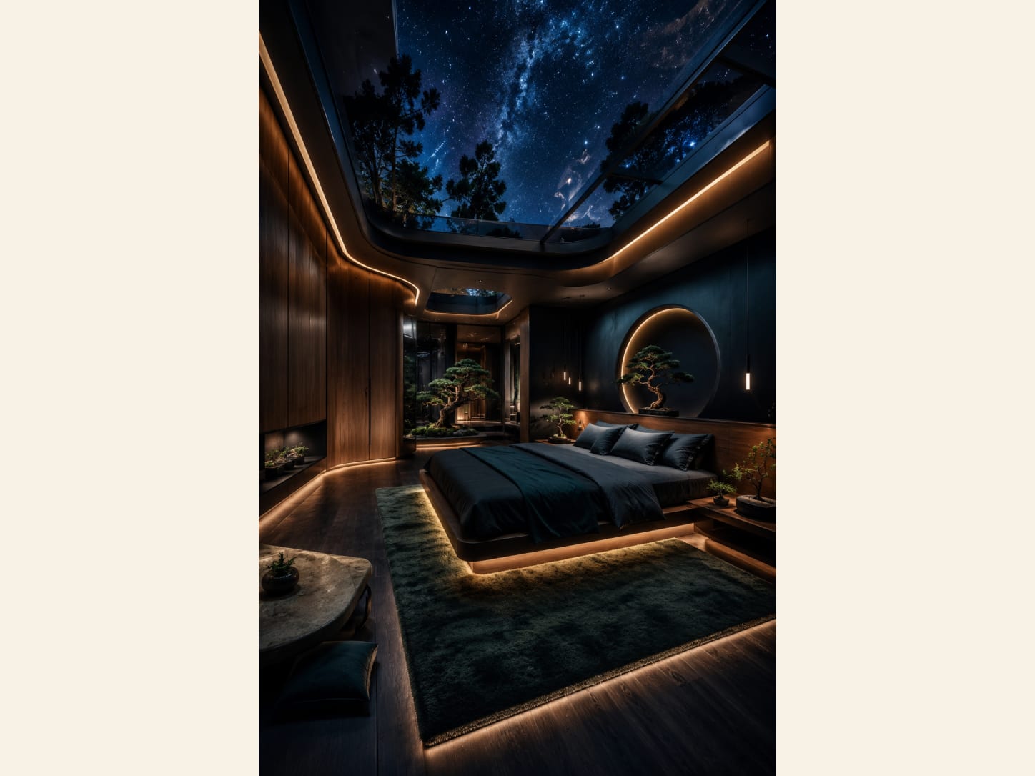 A dark, moody Japandi zen bedroom with a glass skylight that opens to a starry night sky, warm wood-panelled walls, a low platform bed, a round backlit niche with a bonsai, hidden LED cove and under-bed floor glow, and a deep green rug.