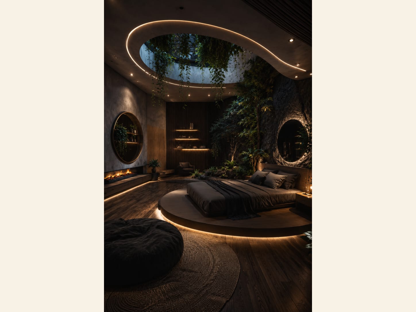 A dark, organic cave-style bedroom with a round skylight dripping with hanging greenery, a stone feature wall, a real indoor tree, a fireplace, a round platform bed with a warm LED under-glow, lit niche shelves and a soft jute rug.
