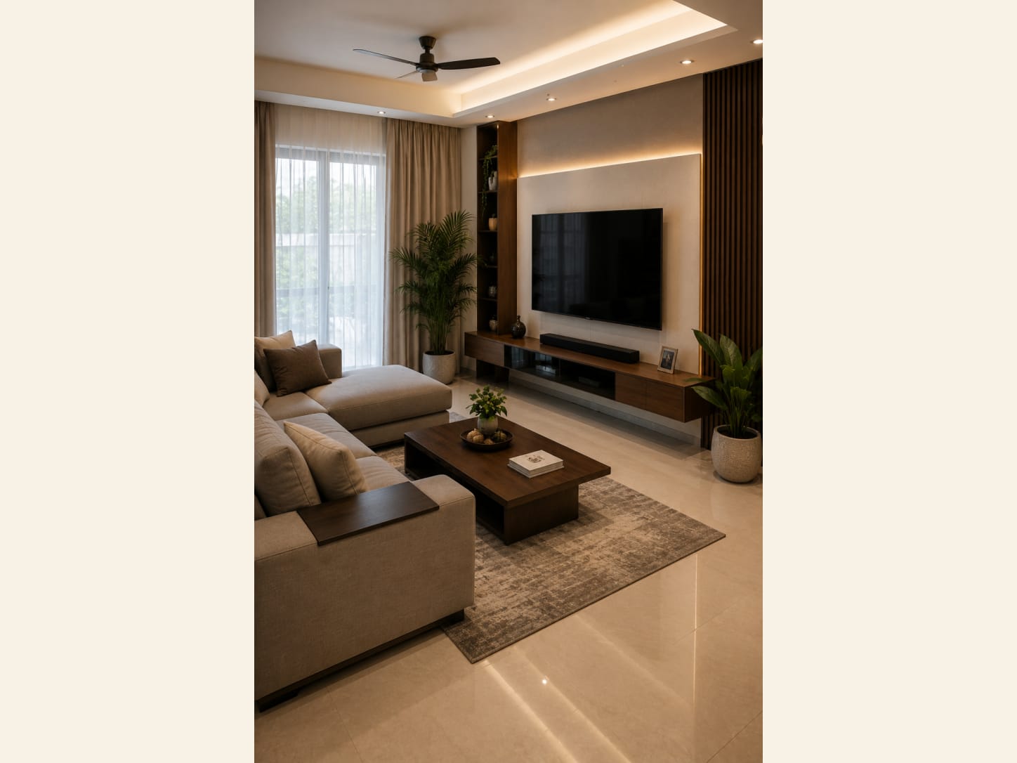 A warm, liveable modern living room with a beige L-shaped sectional, a wood-slat accent wall behind a wall-mounted TV, a floating wood console, a low wood coffee table, leafy plants, sheer curtains and soft cove lighting on a glossy tile floor.