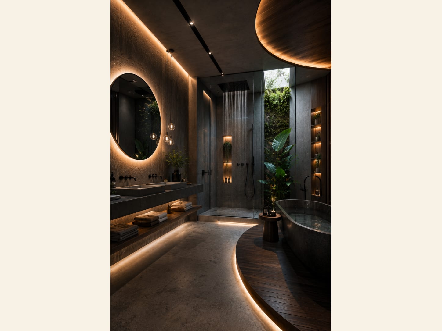 A dark, organic spa bathroom with stone walls, a round backlit mirror, a floating stone vanity with under-glow, a walk-in rain shower under a skylight, lush indoor greenery, a dark stone freestanding tub on a curved wood platform and lit niche shelves.