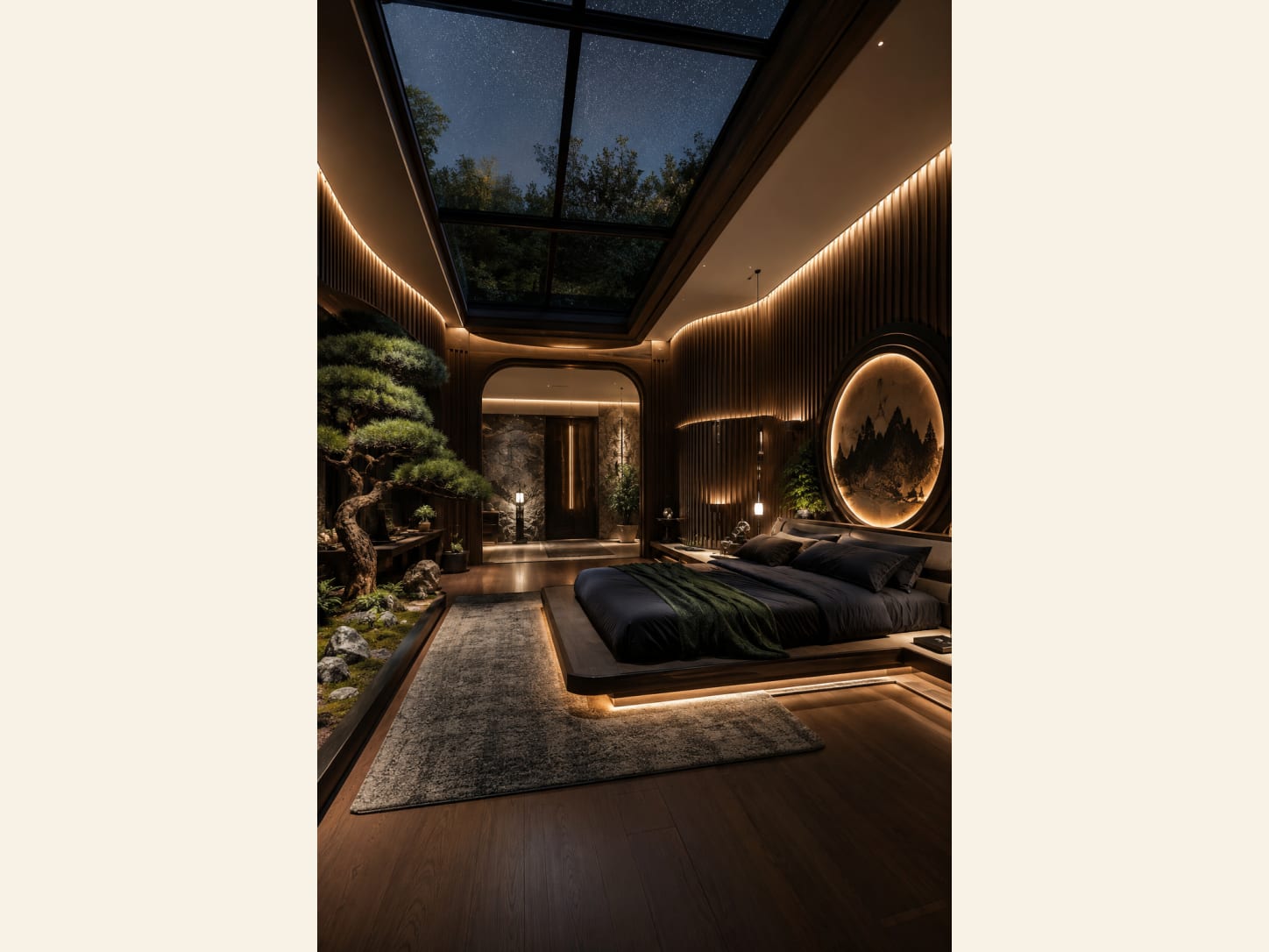 A dark, calm Japandi zen bedroom with a glass skylight to the night sky, warm wood-slat walls, a round backlit moon-and-forest mural, a low platform bed, a bonsai and rock garden, and soft hidden lighting.
