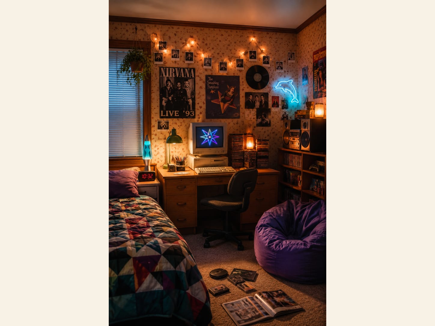 Build a warm grunge room from things that feel collected Warm 90s grunge teen bedroom with band posters, fairy lights, a CRT computer, patchwork bedding and a beanbag