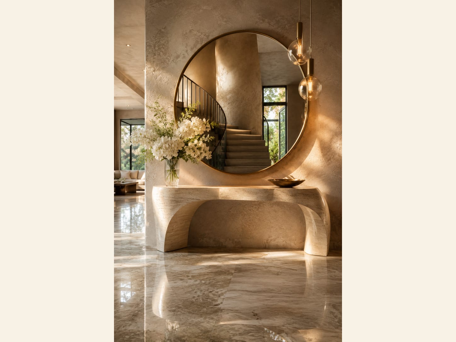 A Sculptural Travertine Console in a Grand Foyer A grand foyer with a sculptural travertine console table on a double-arch base, a huge round gold mirror reflecting a curved staircase, white hydrangeas, hanging glass globe pendants and a glossy marble floor.