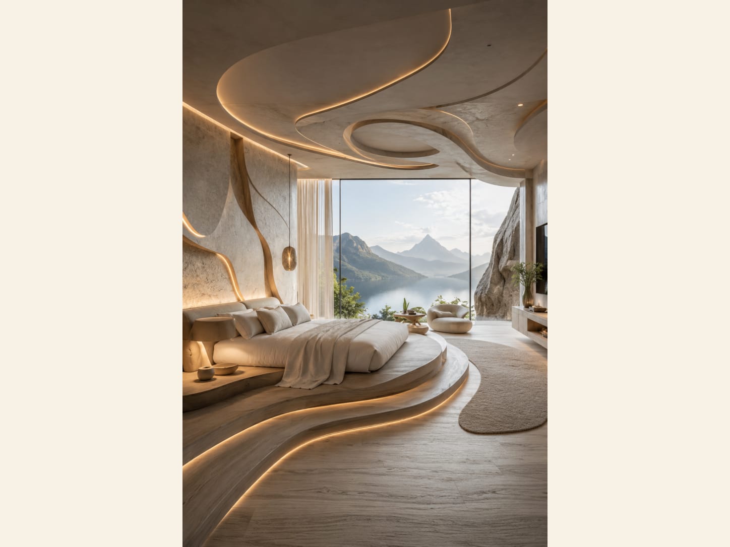 A sculptural organic bedroom with flowing curved walls and ceiling, a round bed on a raised wood platform, warm cove lighting and a full glass wall framing a mountain and lake view.
