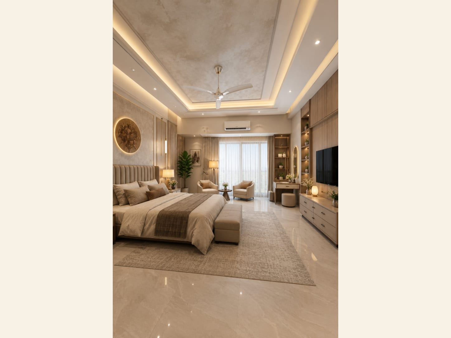 A spacious warm luxury master bedroom in beige and wood, with an upholstered headboard, a dressing vanity, a small seating area, a wall-mounted TV and a marble floor.