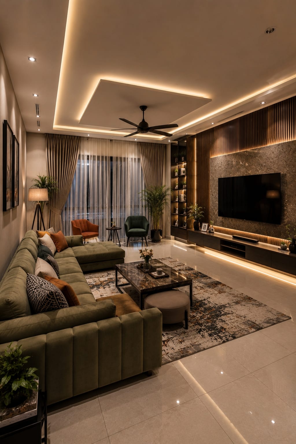 Modern living room with an olive green sectional and a textured marble TV wall