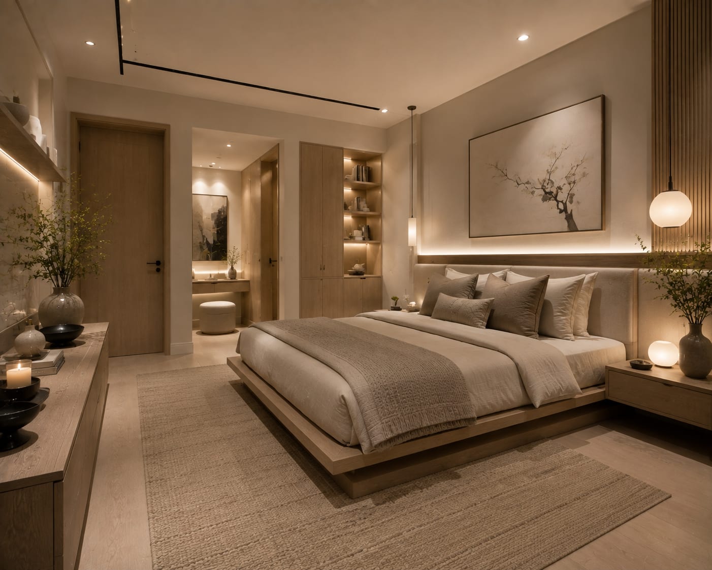 Create one clean focal bed setup Apartment bedroom with hotel-inspired neutral bed treatment