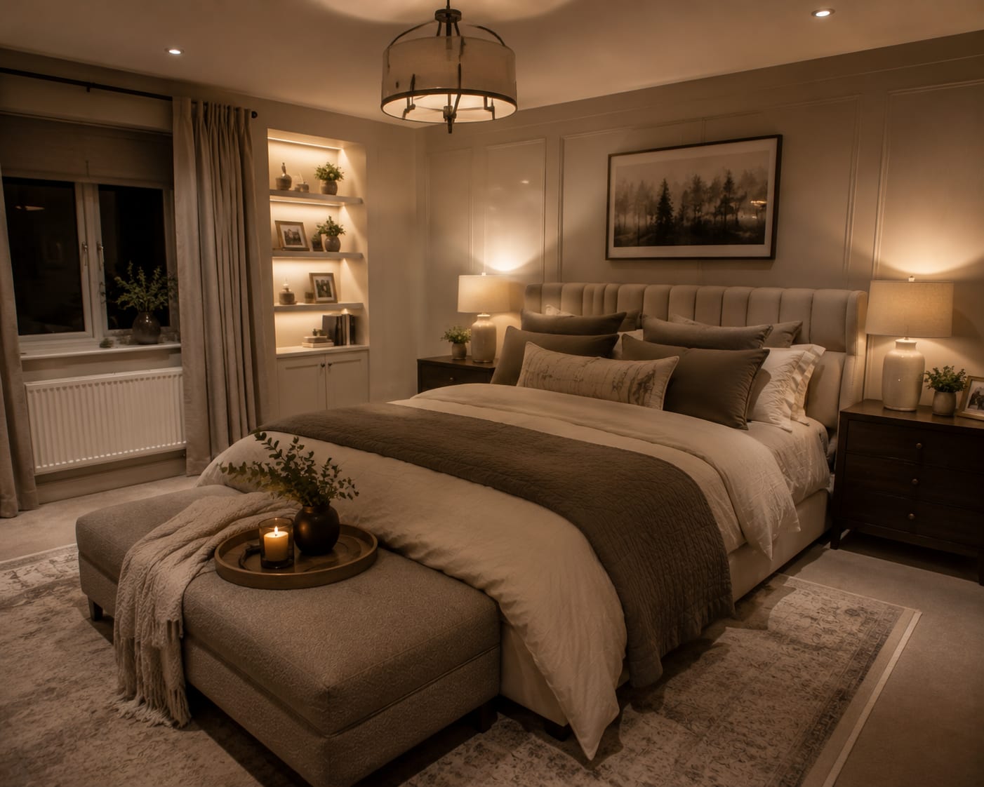 Use layered lighting instead of one central lamp Warmly lit modern bedroom with layered ambient and bedside light
