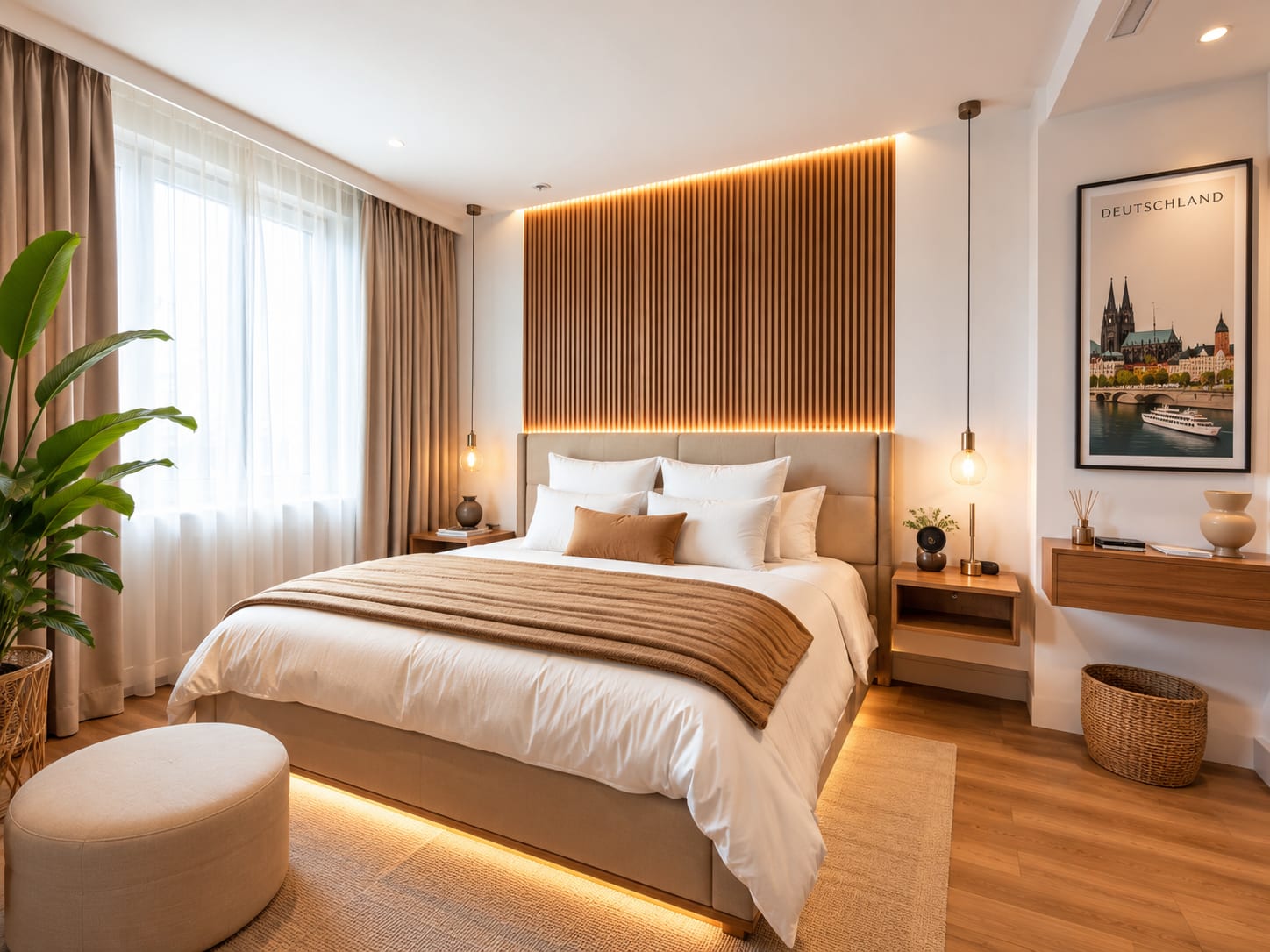 Keep floor circulation visible and free Neat bedroom path with clear circulation near the bed