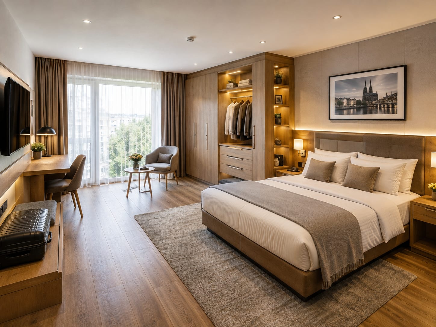 Select only two supporting textures Bedroom with balanced natural textures and soft bedding