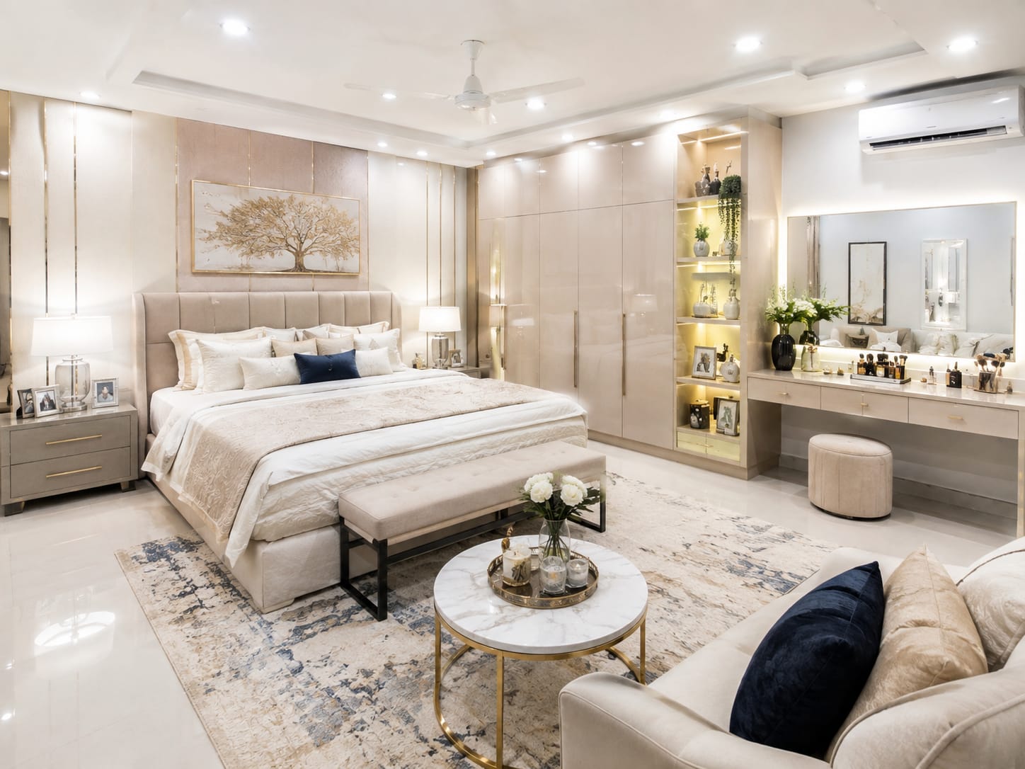 Final coherence check before you finish Refined apartment bedroom styled with balanced lighting and minimal decor