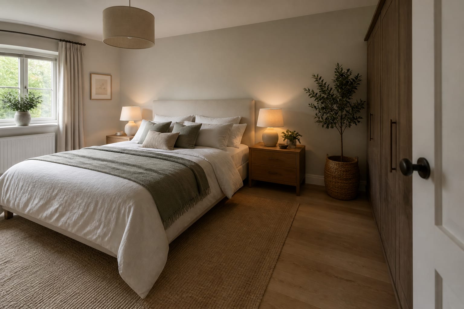 The bed blocks the room instead of anchoring it Calm bedroom with the bed centered on the longest wall, clear bedside routes and fully opening wardrobe doors