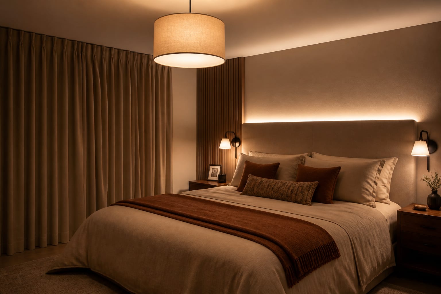 One ceiling light flattens the entire room Bedroom at night with warm ceiling glow, bedside reading lights and low accent lighting at three heights