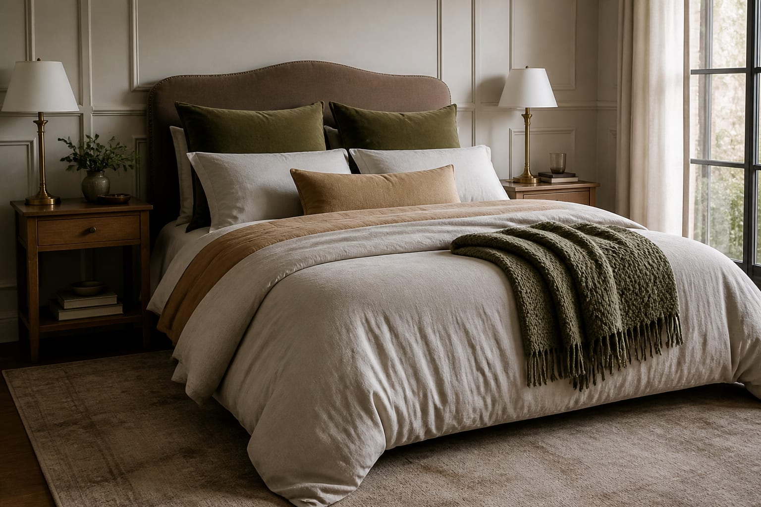 The bedding is decorative but difficult to live with Cozy bed with breathable linen sheets, supportive sleeping pillows, one lumbar cushion and a folded textured blanket