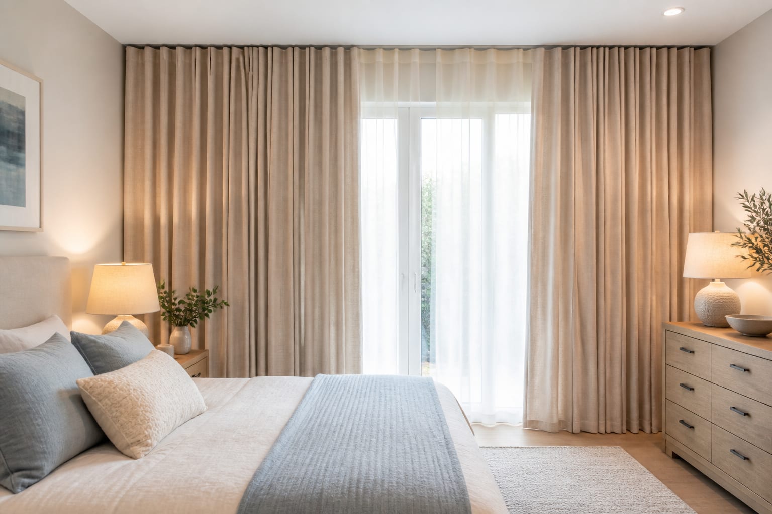 Short curtains expose the window and weaken the bed wall Bedroom with ceiling-mounted full-length sheer and blackout curtains extending wider than the window