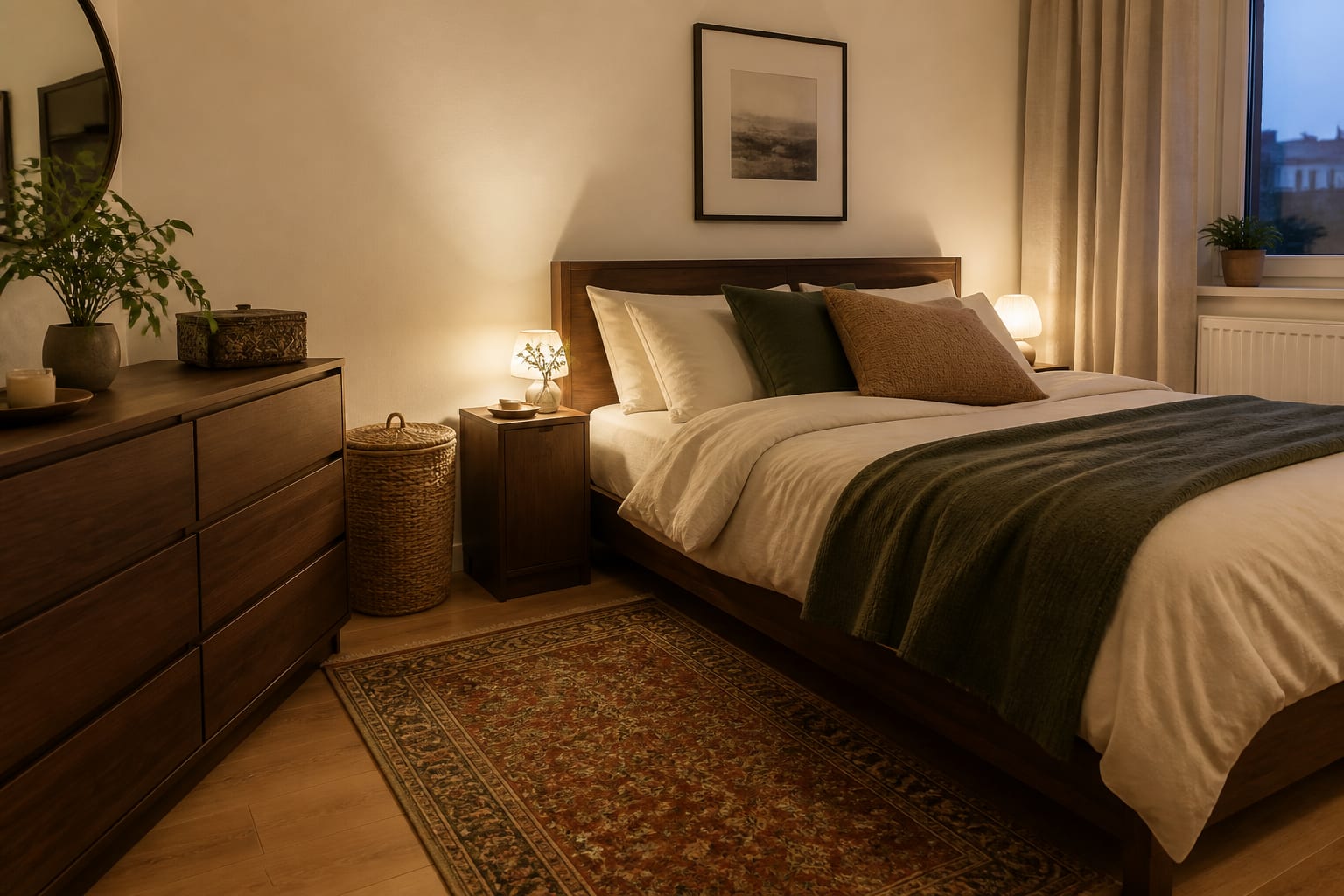 Visible storage turns rest into a list of unfinished tasks Lived-in bedroom with closed wardrobes, clear bedside surfaces, covered laundry basket and an uncluttered route