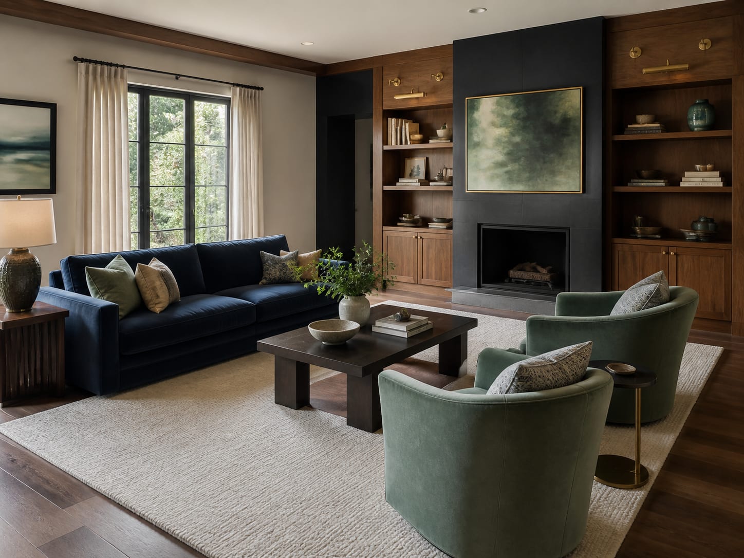 Pair a navy sofa with sage chairs and walnut Blue and green living room with navy velvet sofa, sage green lounge chairs and walnut media wall