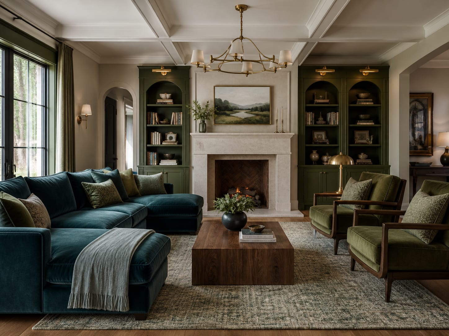 Let teal upholstery meet olive built ins Living room with deep teal sectional, olive green built in shelves and pale limestone fireplace