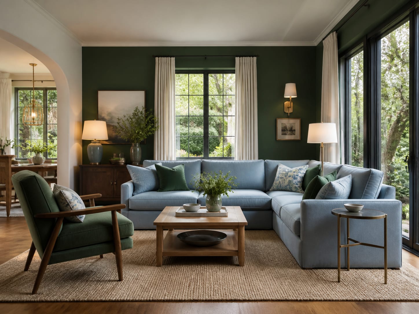 Put powder blue against one forest green wall Bright living room with powder blue sectional, forest green wall and matching green armchair
