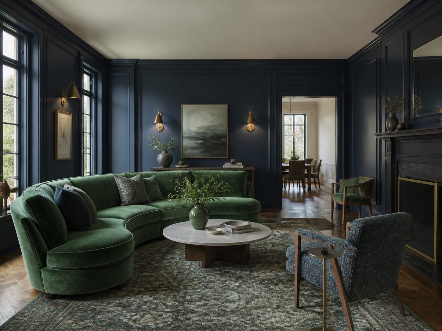 Combine navy panelling with an emerald curved sofa Dramatic living room with dark navy panelled walls, emerald green curved sofa and blue accent chair