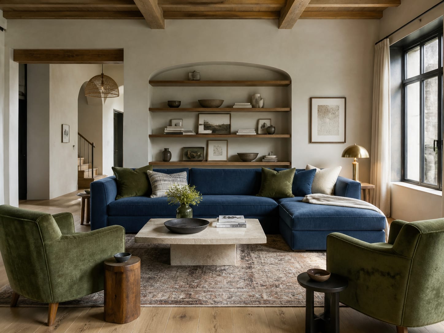 Warm a blue sofa with olive chairs and plaster Warm plaster living room with navy blue sofa, olive green armchairs and natural oak