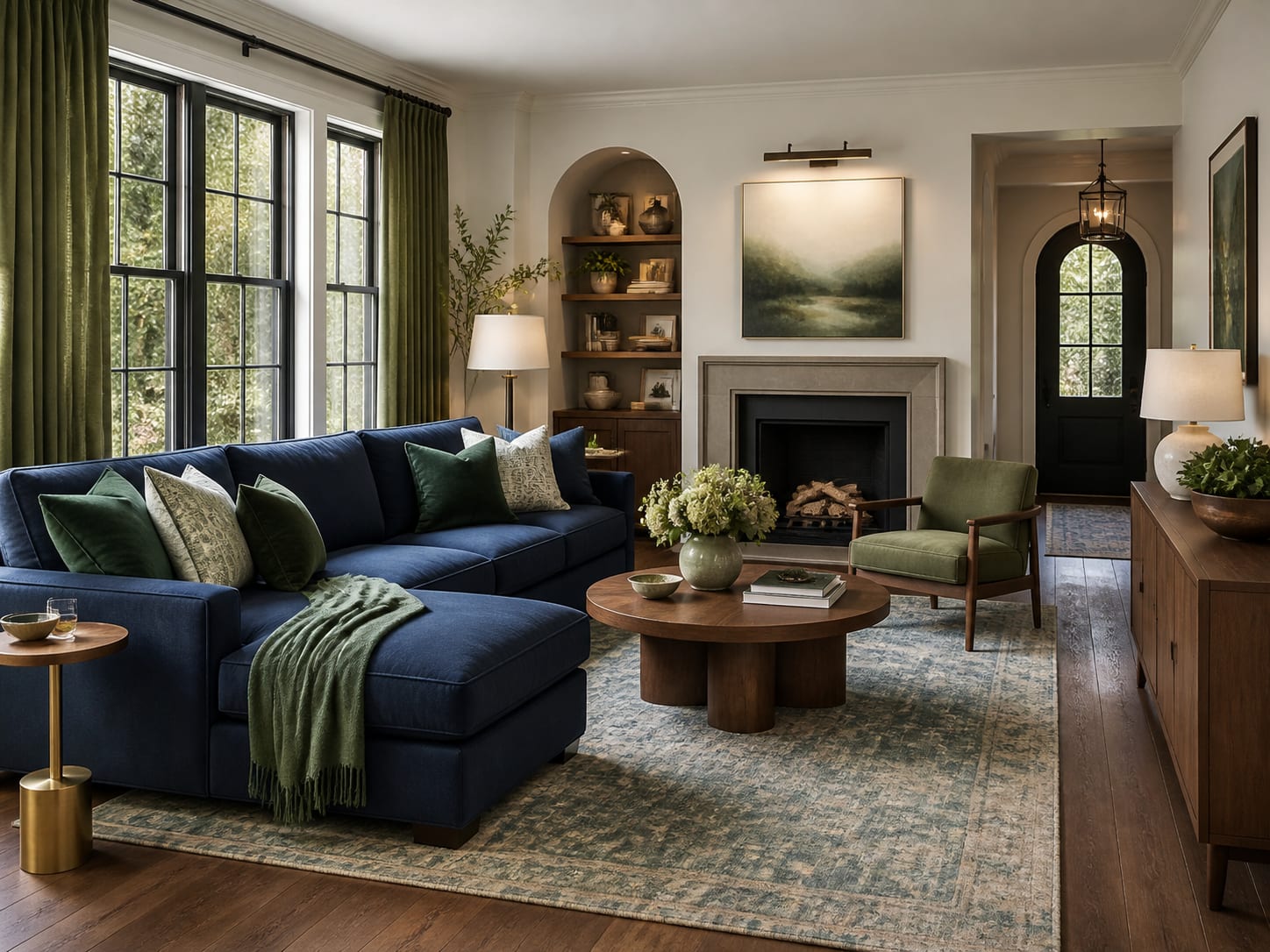 Carry sage into curtains for a softer envelope Layered living room with navy sectional, sage green curtains, olive chair and walnut furniture