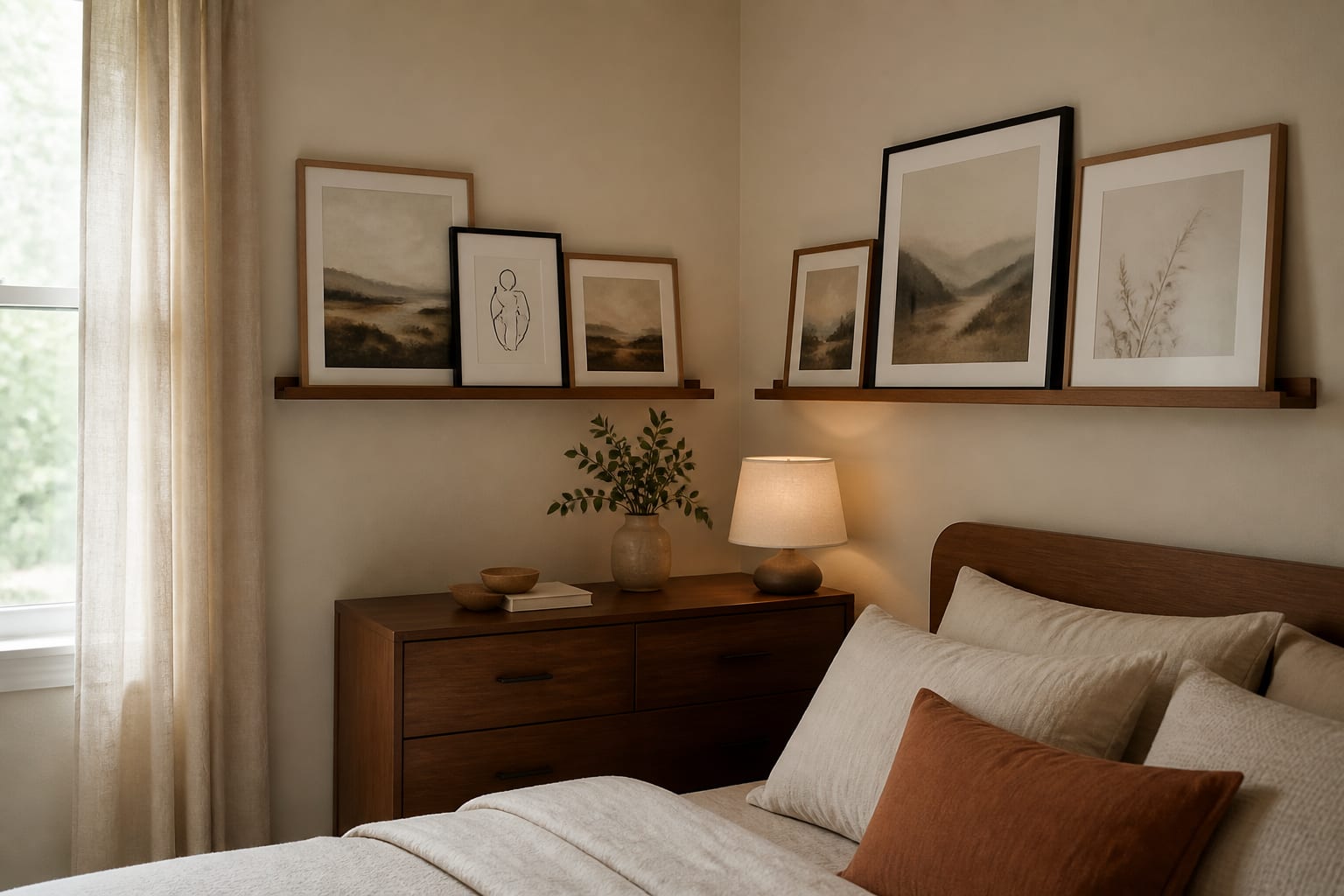 Use shallow picture ledges when you expect the display to change Calm bedroom corner with walnut dresser and two shallow picture ledges holding neutral framed art