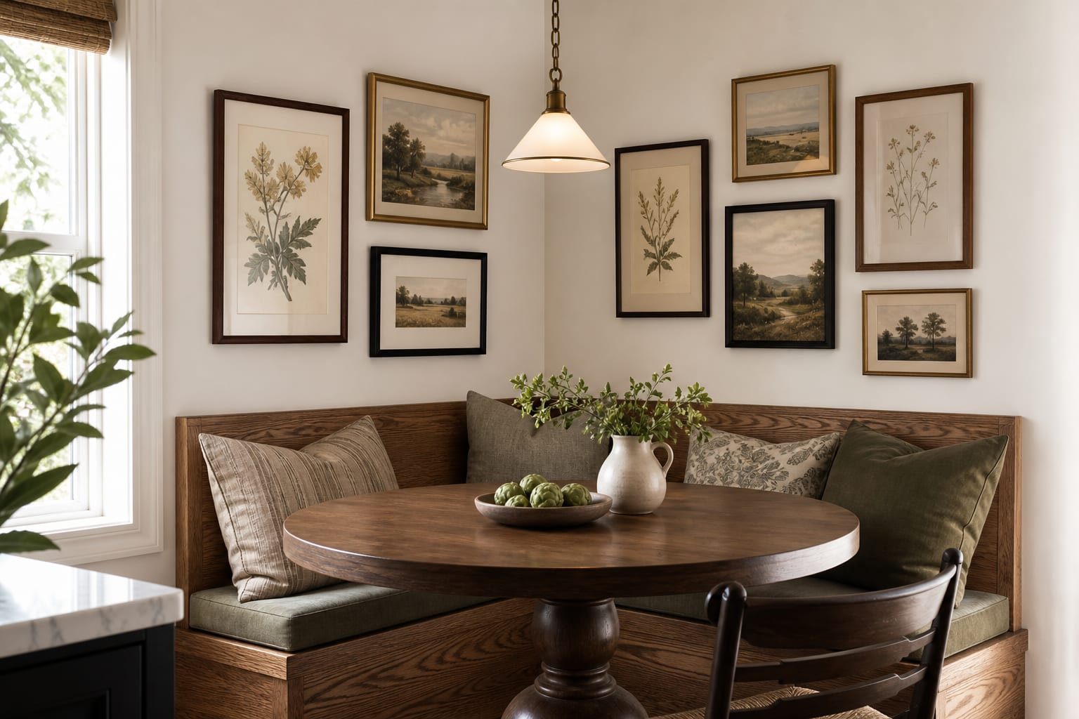 Wrap a dining banquette with a balanced vintage arrangement Oak corner dining banquette beneath a wraparound gallery wall of vintage botanical and landscape prints