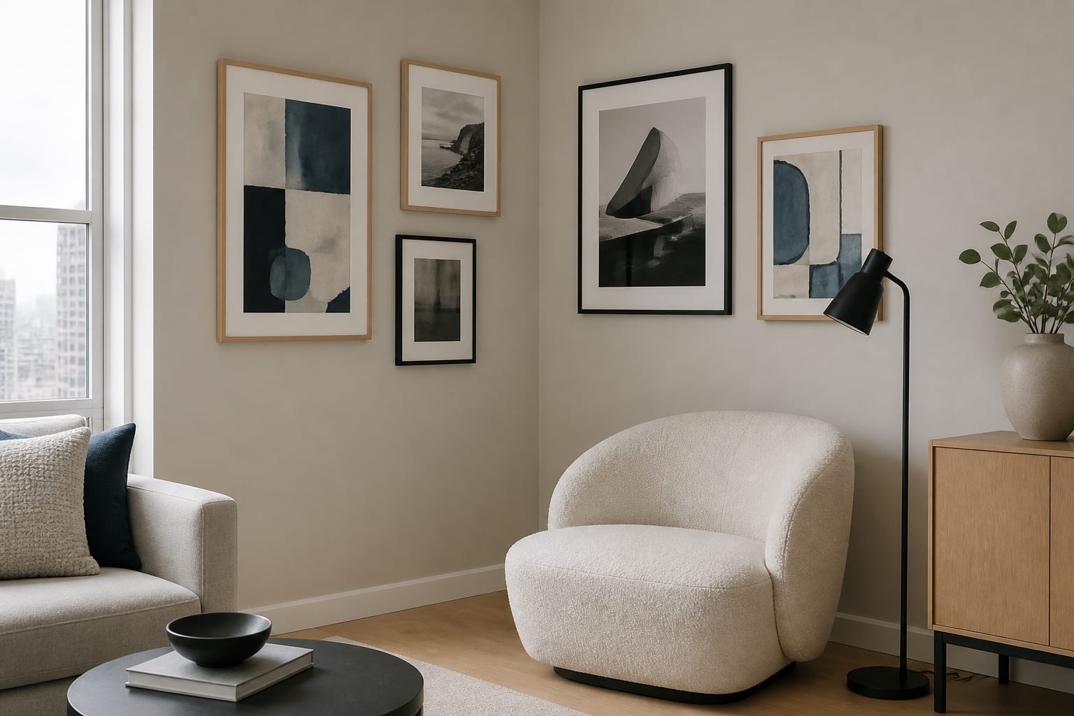Keep a modern apartment corner light with five focused pieces Small modern apartment corner with cream lounge chair and five oak and black framed artworks across two walls