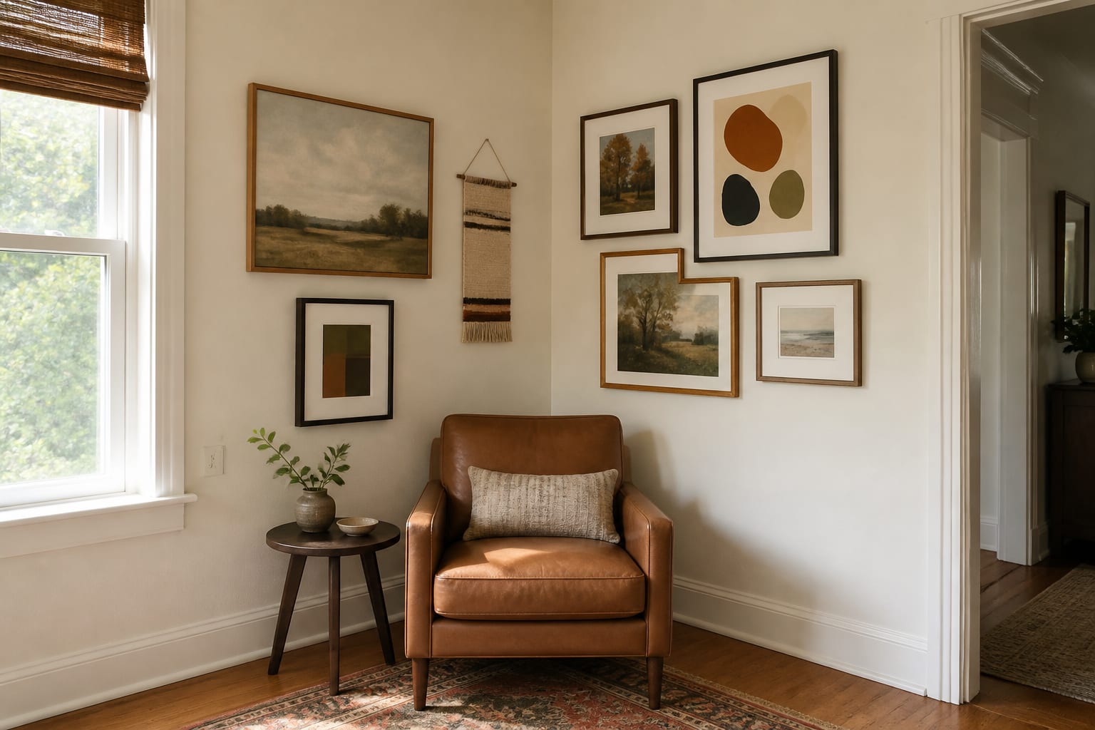 Build a collected reading corner around one comfortable chair Warm reading corner with a camel leather chair and mixed gallery wall wrapping across two cream walls