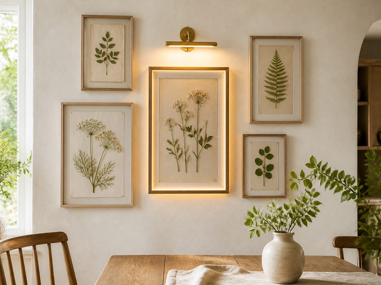 Frame pressed botanicals and light one central piece DIY botanical gallery wall with five pressed leaf frames, a warm picture light and a softly backlit central frame