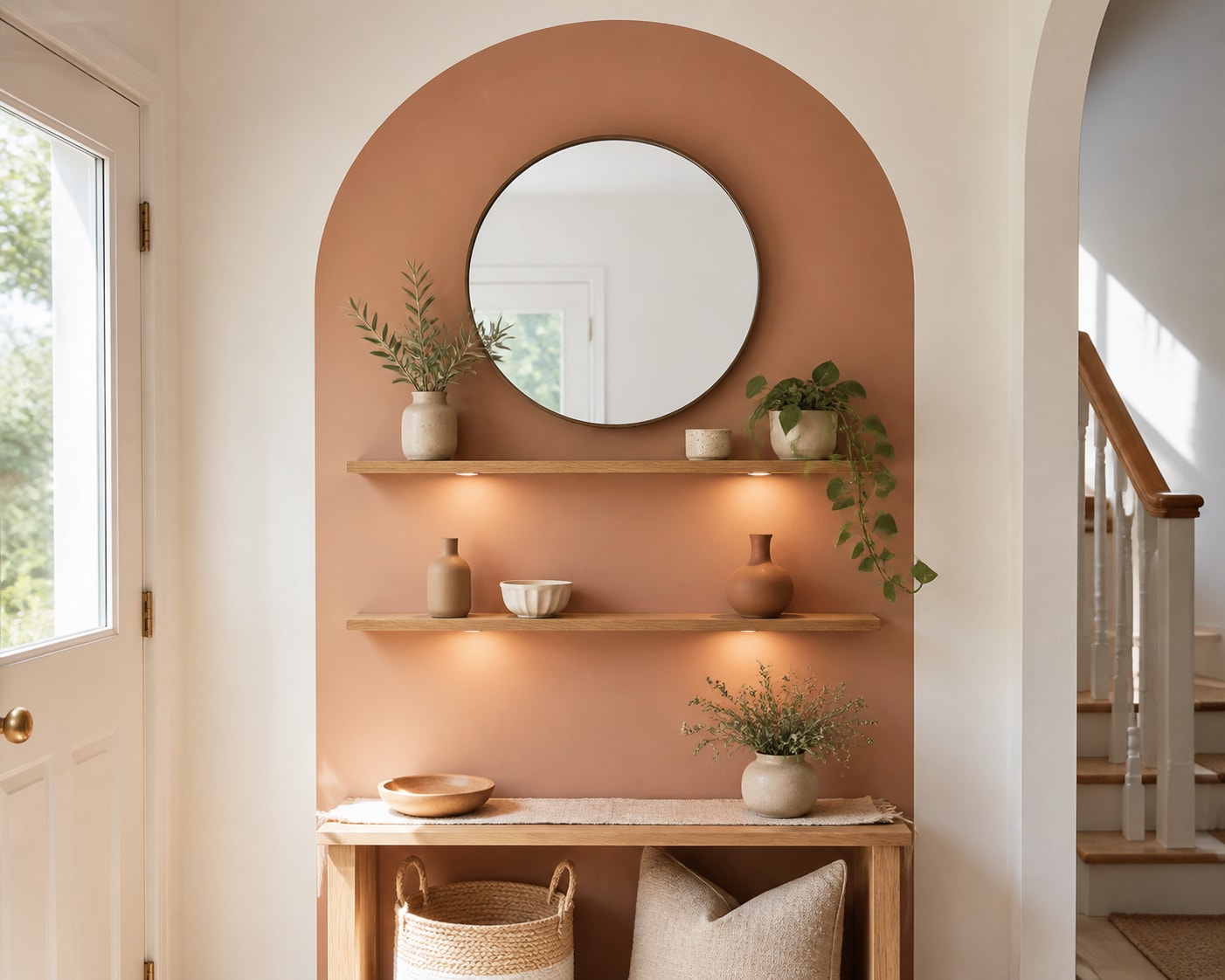 Paint an arch and add two slim illuminated ledges Terracotta painted arch in an entryway with round mirror, two oak ledges and warm rechargeable lights