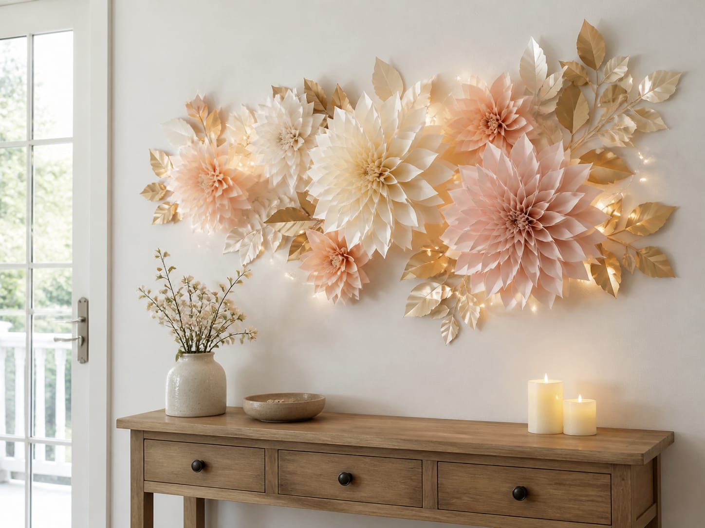 Shape oversized paper flowers into one flowing cluster Large handmade ivory blush and pale gold paper flowers arranged across a wall with warm micro lights
