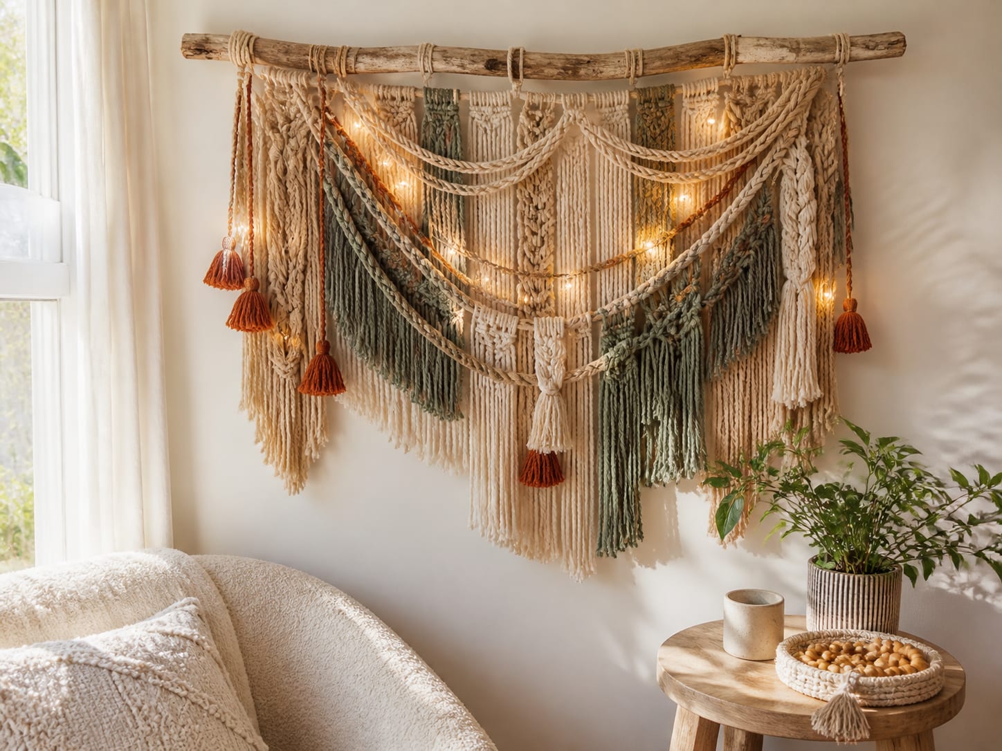 Weave a layered fibre hanging around a natural branch Handmade cream sage and rust woven wall hanging on a natural branch with subtle warm string lights