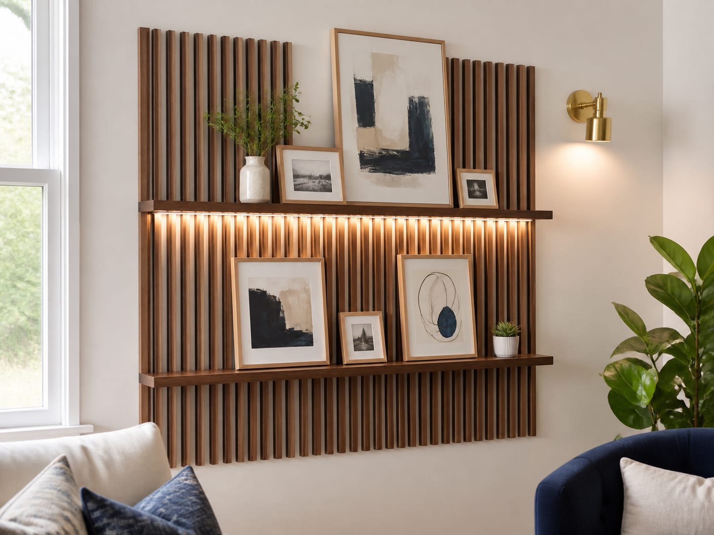 Build a removable timber-strip picture ledge Renter friendly walnut timber strip wall with two picture ledges, framed art and concealed warm LED lighting