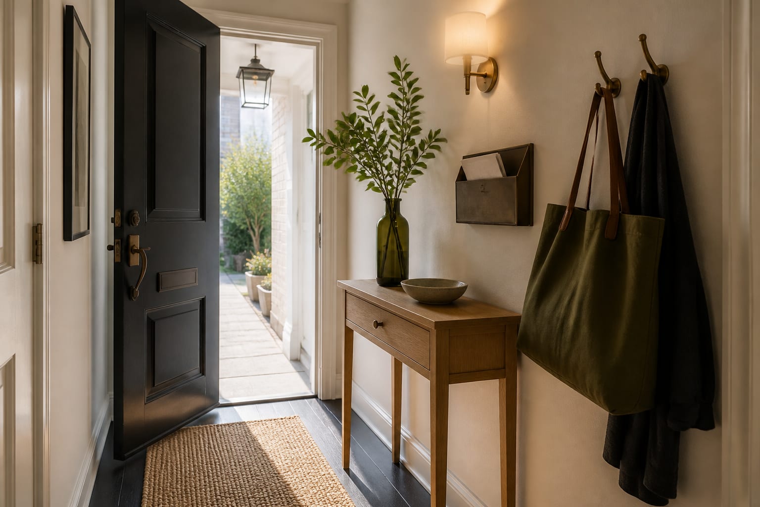 There is no landing zone within easy reach Bright entryway with slim drawer console, key tray, mail slot, two hooks and a clear front door swing