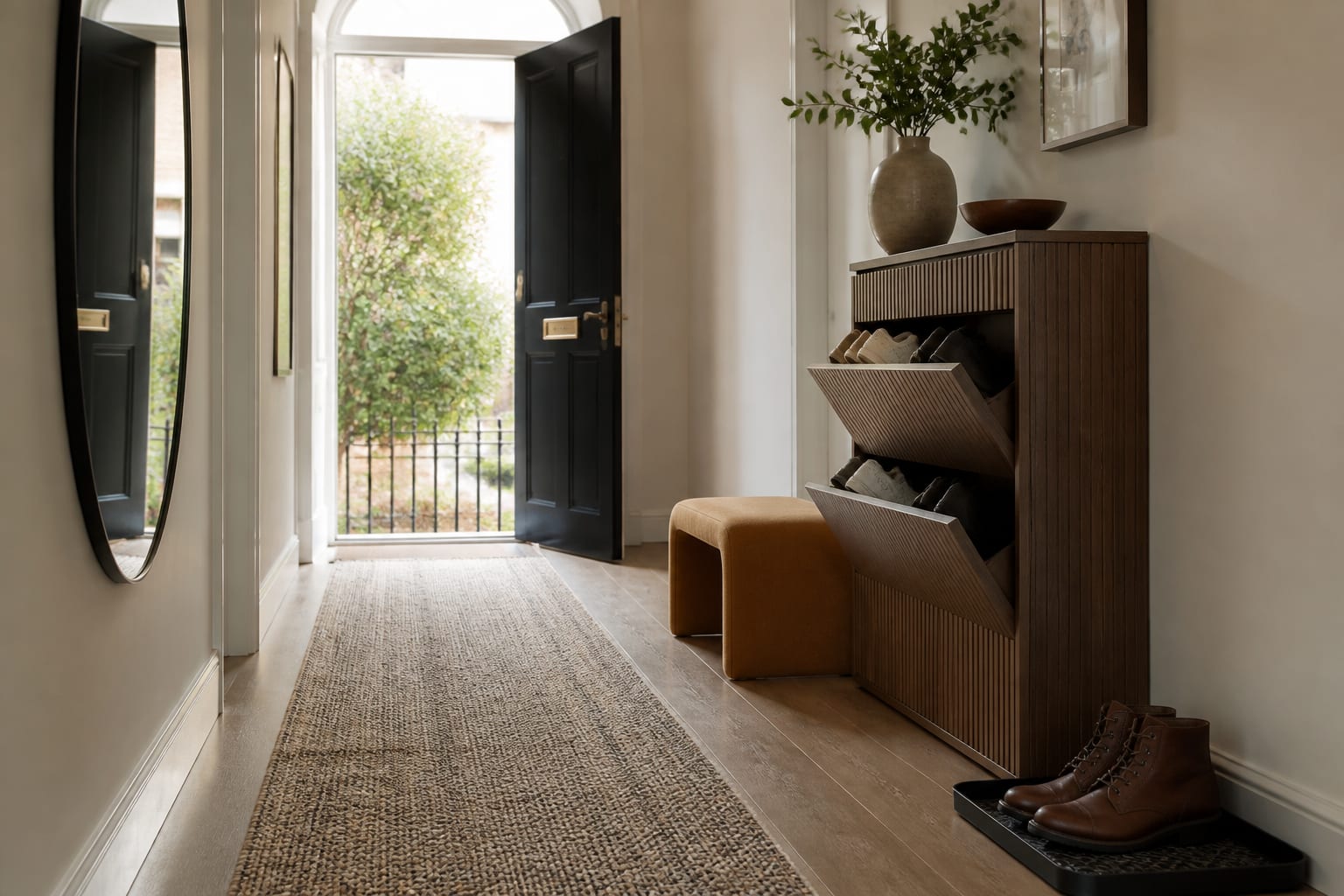 Shoe storage is smaller than the household's real routine Narrow entryway with closed tilt-out shoe cabinet, short bench, boot tray and a clear walking path