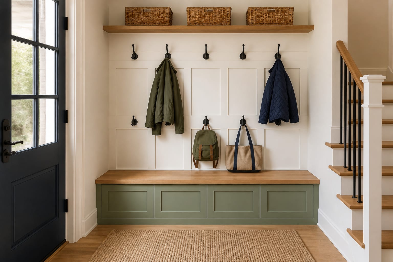 Hooks are crowded, badly spaced or too high Organized entryway with spaced coat hooks, a lower child-height row, overhead baskets and a closed storage bench