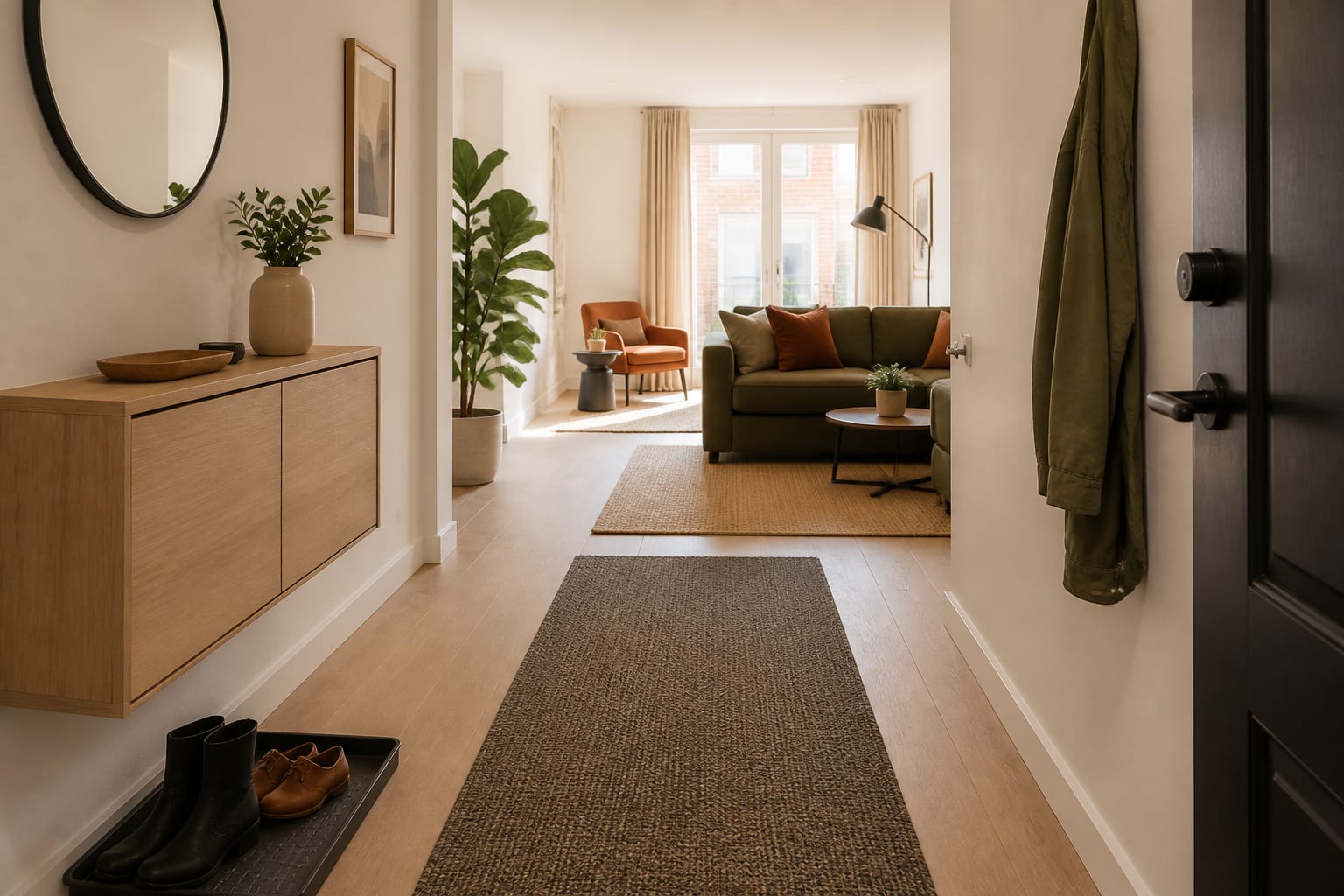An open-plan entrance has no boundary Open-plan entrance defined by washable runner, closed cabinet, wet-shoe tray, plant and an unobstructed route